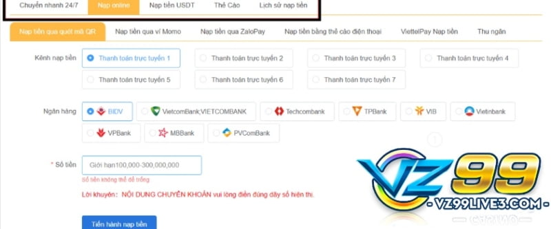 Hướng dẫn nạp tiền VZ99 dễ dàng bằng nhiều hình thức VZ99 - Nạp tiền qua nhiều hình thức tiện lợi
